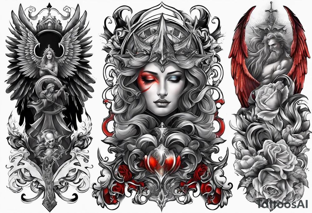 heaven and hell with angels and demons arm sleeve tattoo idea