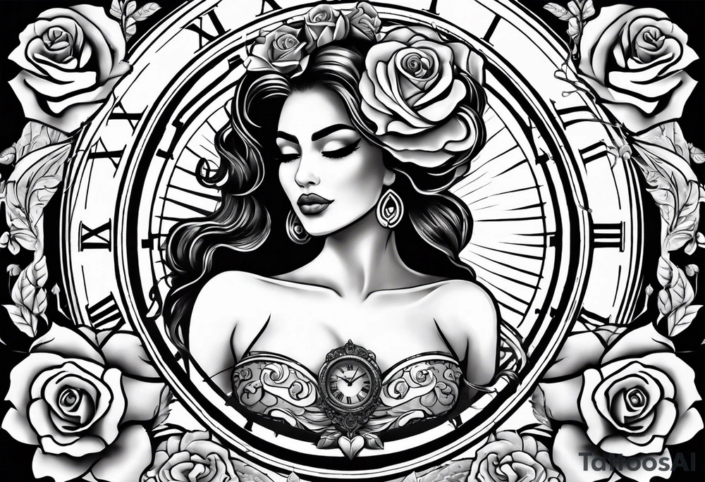 Hispanic/ Latin  woman GODDESS with half skull face, roses, loving heART, strength to move forward cancer zodiac , small clock on face tattoo idea