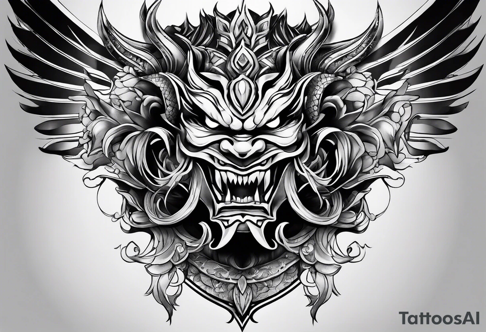 Uma gueixa usando máscara de oni tattoo idea