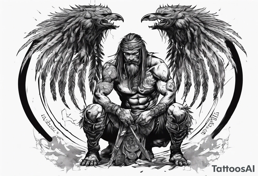 Savage warrior kneeling with the world on his shoulders. Peaceful tattoo idea
