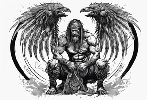 Savage warrior kneeling with the world on his shoulders. Peaceful tattoo idea