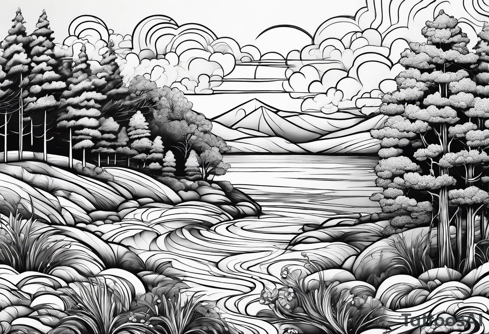 water, clouds, trees tattoo idea