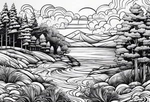water, clouds, trees tattoo idea