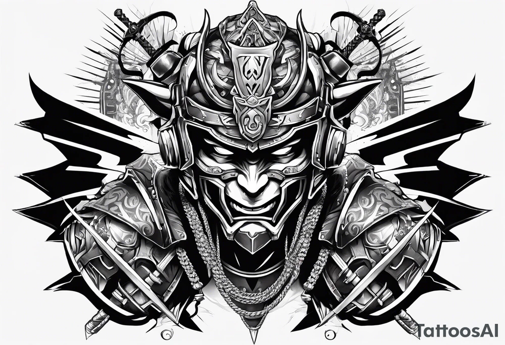 Angry Male Modern robot ninja with demon mask with swords in hands tattoo idea