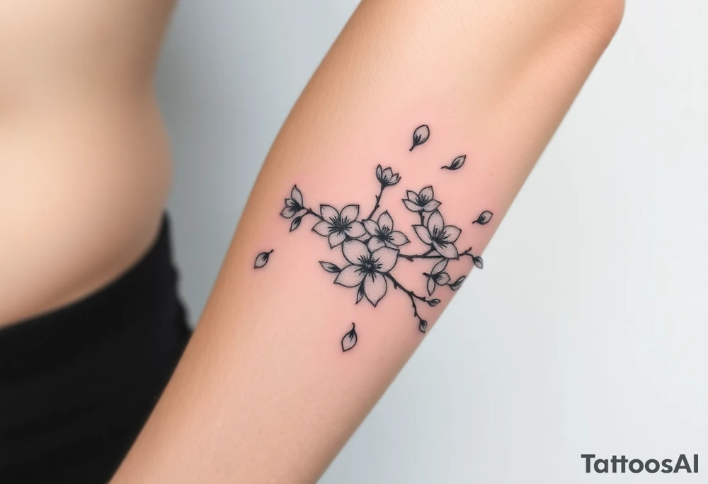 delicate cherry blossoms swirling in spring breeze with petals tattoo idea