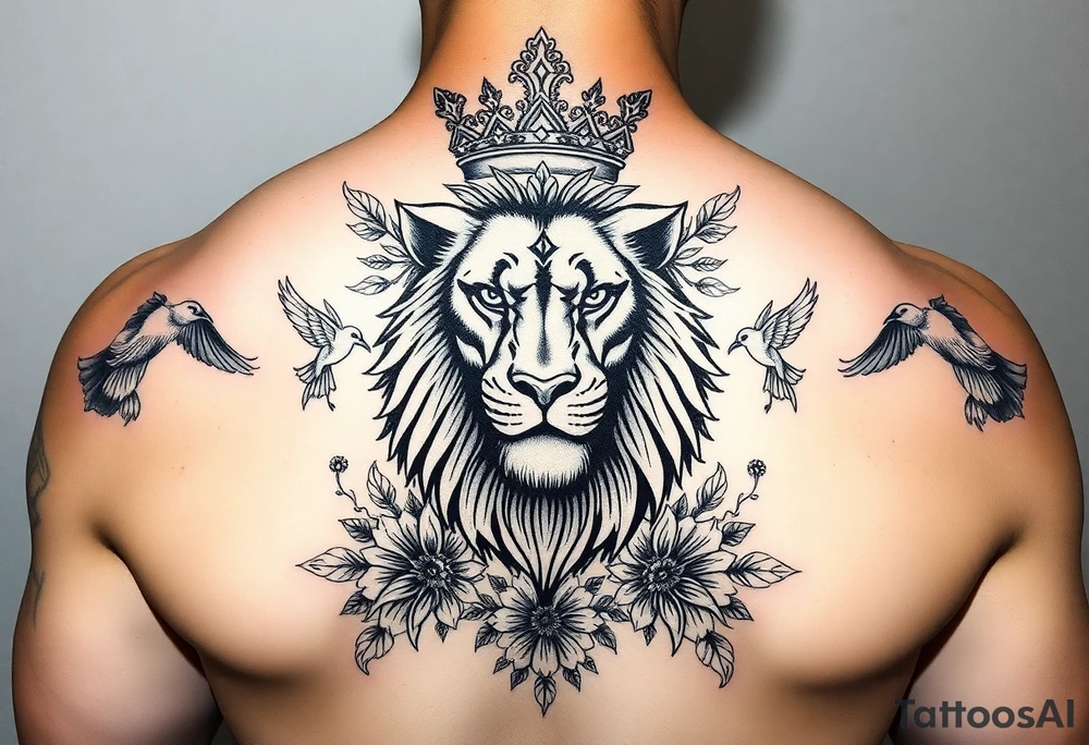 powerful majestic lion with a crown, surrounded by floral ornaments and birds tattoo idea