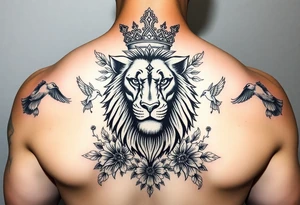 powerful majestic lion with a crown, surrounded by floral ornaments and birds tattoo idea
