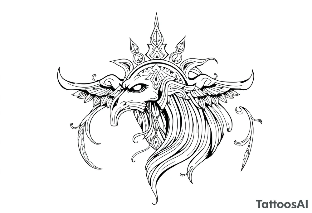 long shaman  style mytical bold line with ancient rhyme tattoo idea