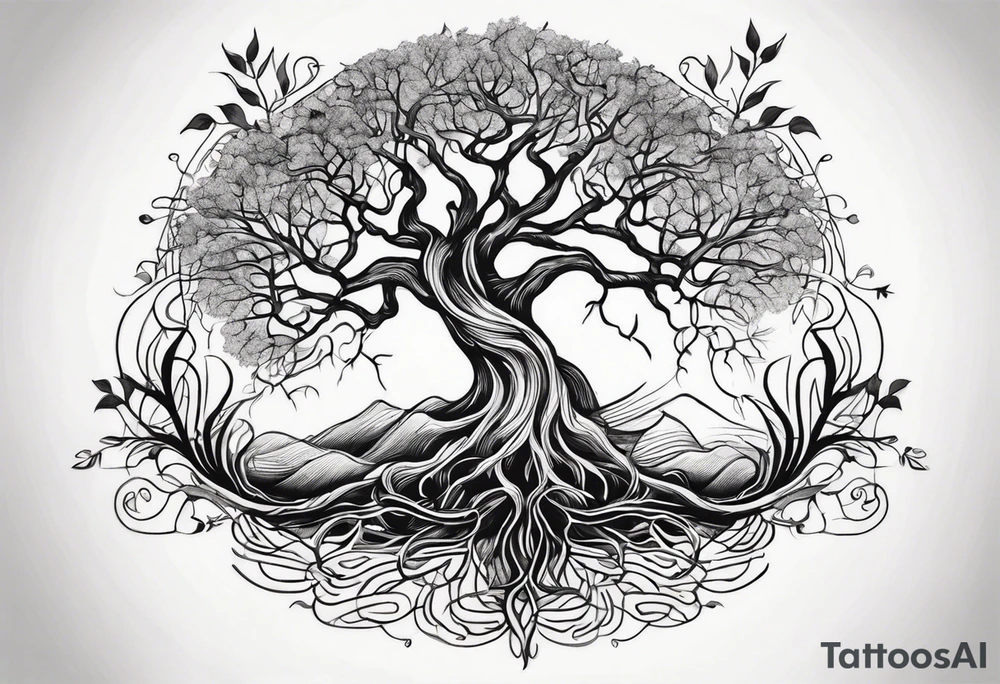 tree with long roots and branches tattoo idea