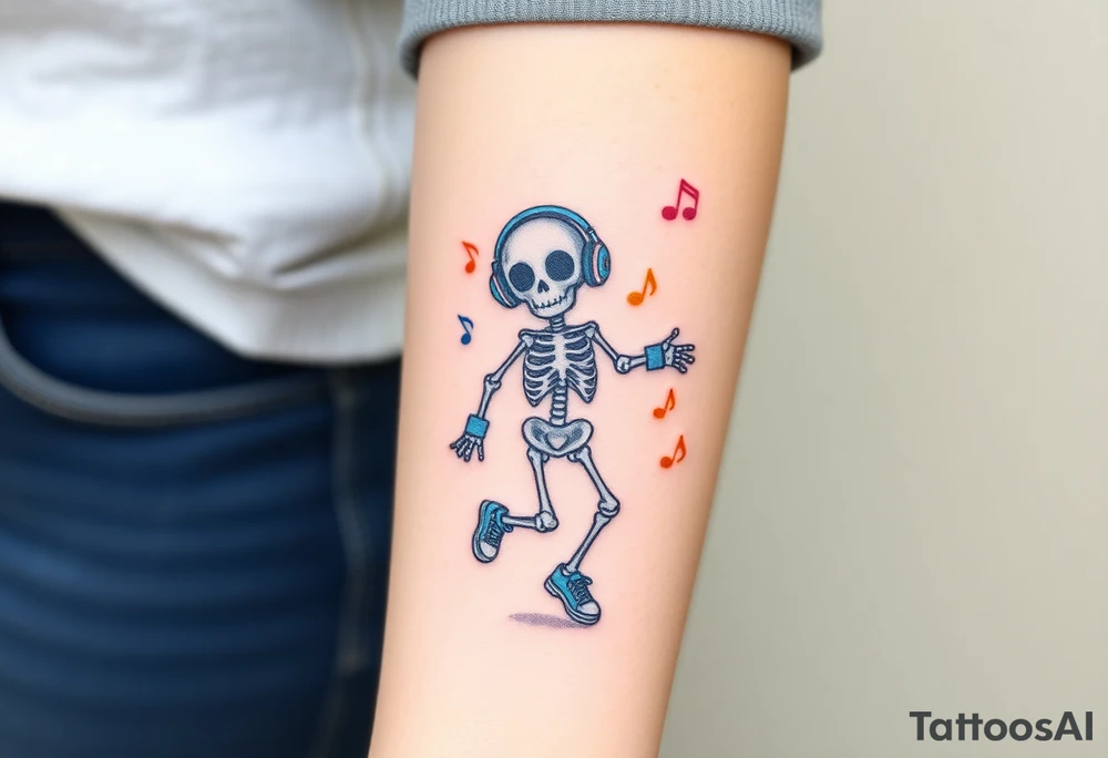 Cute skeleton with dreamy eyes jumping rope with blue headphones blue armbands blue sneakers and colorful  music notes around his head tattoo idea