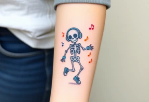 Cute skeleton with dreamy eyes jumping rope with blue headphones blue armbands blue sneakers and colorful  music notes around his head tattoo idea