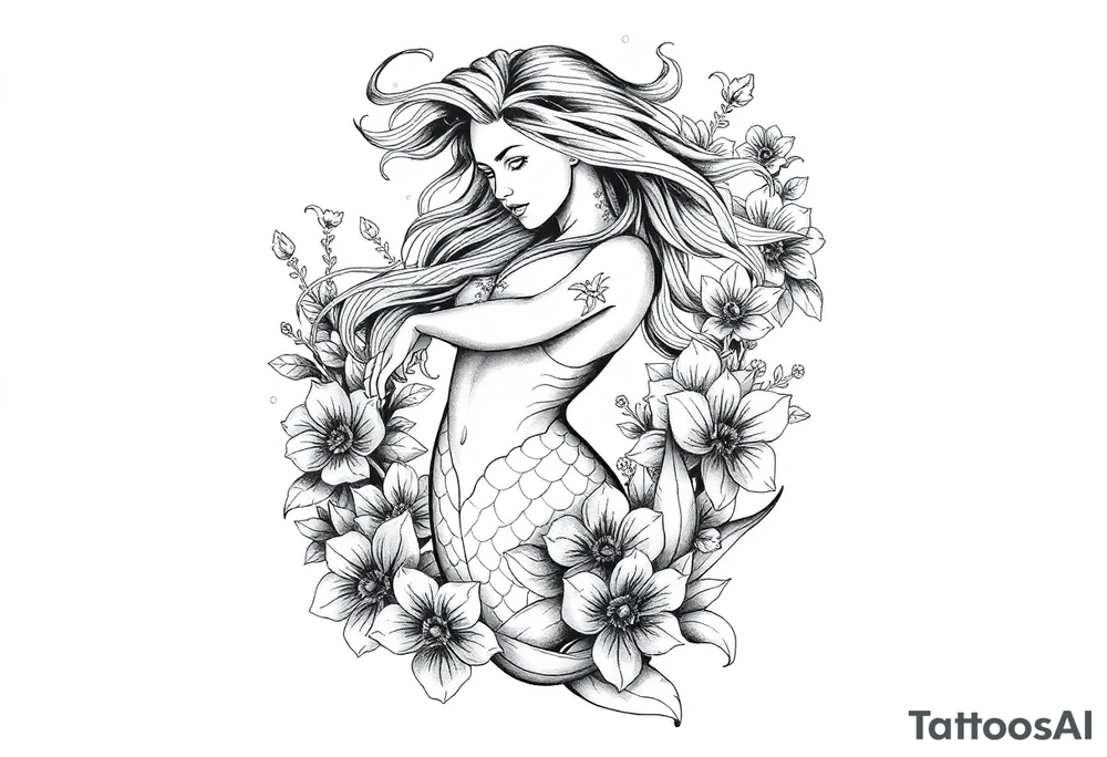 ethereal mermaid with flowing hair among coral and sea flowers tattoo idea