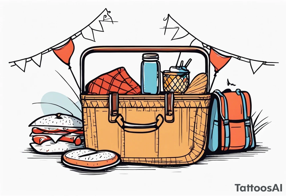 minimalstic picnic scene with a blanket on the ground with one picnic-basket, one backpack, pillows and party pennants. Thin lines. tattoo idea