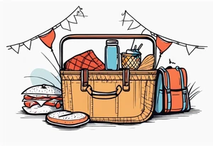 minimalstic picnic scene with a blanket on the ground with one picnic-basket, one backpack, pillows and party pennants. Thin lines. tattoo idea