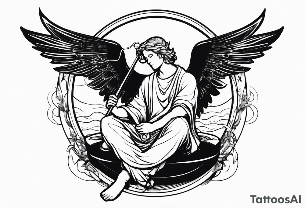 male angel with a halo sitting peacefully with fishing rod tattoo idea
