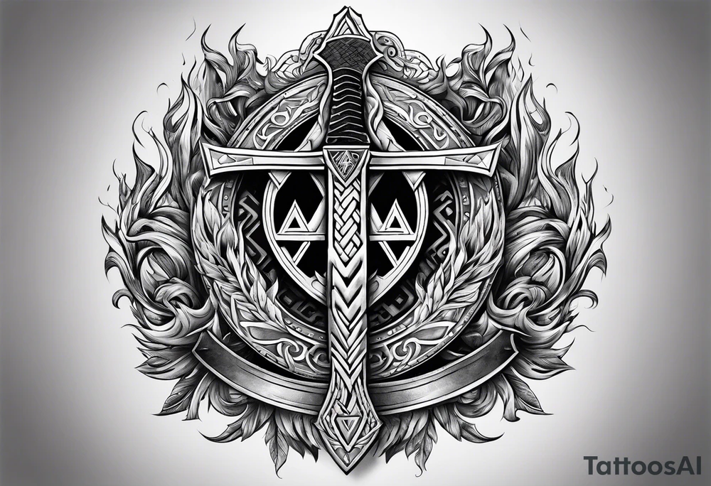 Valhalla shield valknut sword axe flames cloud tattoo idea Valhalla shield valknut sword axe flames cloud tattoo idea