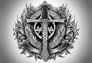 Valhalla shield valknut sword axe flames cloud tattoo idea