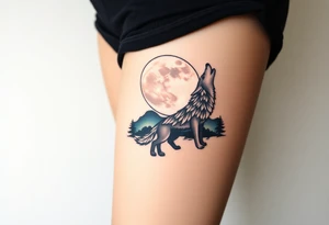 lone wolf howling at full moon with northern lights backdrop tattoo idea
