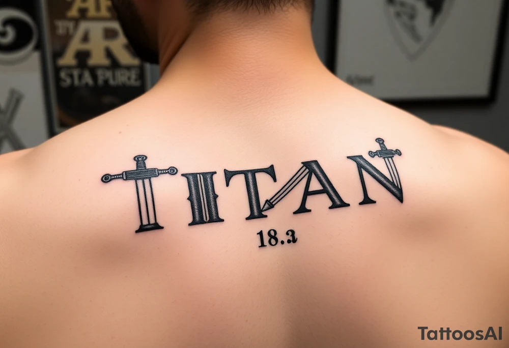 Name ‘Titan’ with birthday, Greek mythology inspired font with mini swords the T in Titan is a sword tattoo idea