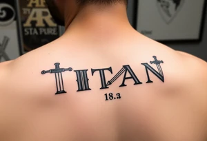 Name ‘Titan’ with birthday, Greek mythology inspired font with mini swords the T in Titan is a sword tattoo idea