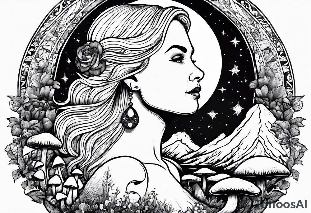 Older blonde fat woman no makeup surrounded by mushrooms mountains crescent moon background tattoo idea