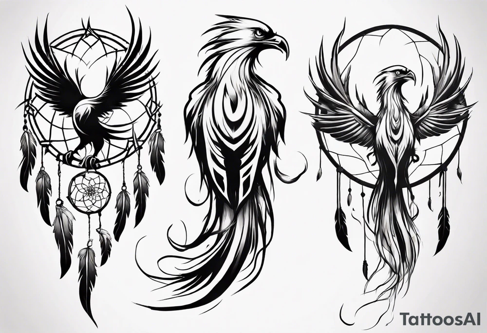 Vertical screaming Phoenix with abstract dream catcher tail tattoo idea