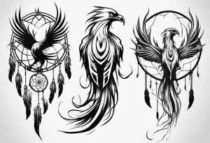 Vertical screaming Phoenix with abstract dream catcher tail tattoo idea