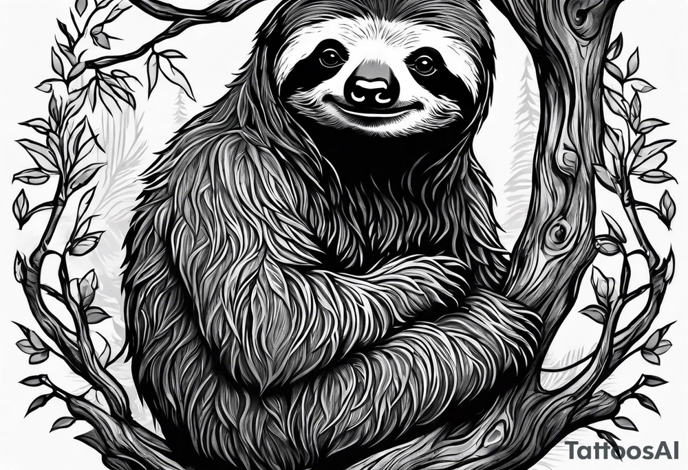 Full body Sloth hanging on a tree tattoo idea