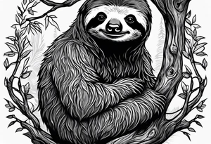 Full body Sloth hanging on a tree tattoo idea