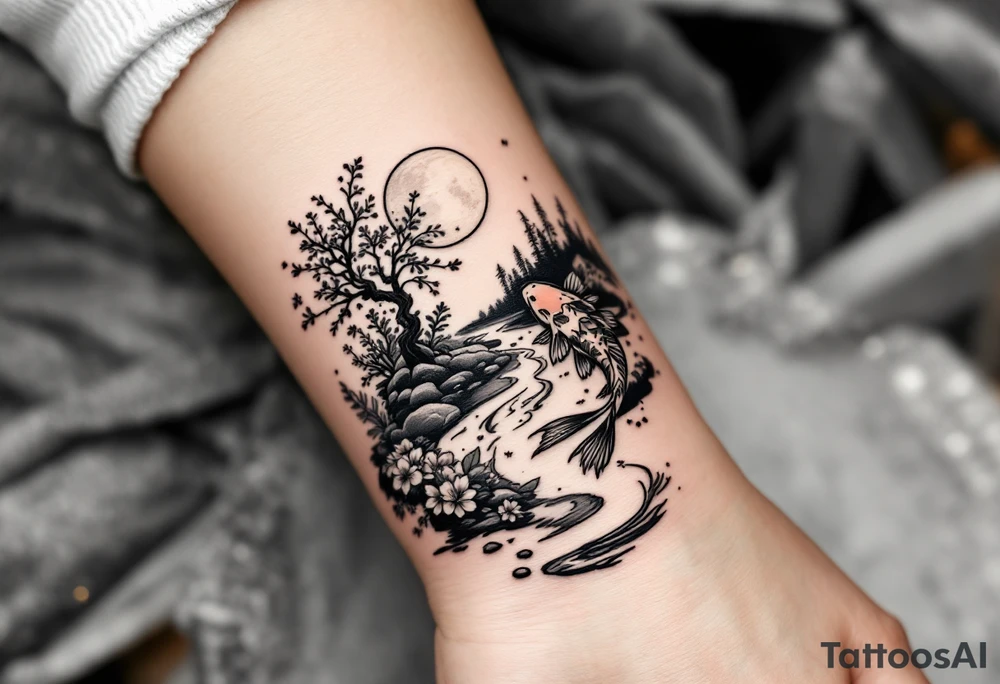 a koi fish swimming UP the stream in a pond moonlight by the full moon with a sakura tree by the pond tattoo idea