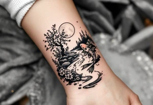 a koi fish swimming UP the stream in a pond moonlight by the full moon with a sakura tree by the pond tattoo idea