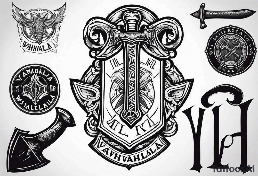 Valhalla sword shield axe tattoo idea