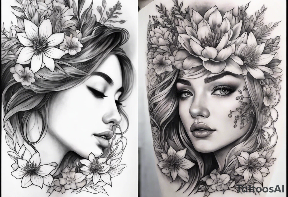 Full sleeve with larkspur and water Lilly, chrysanthemum and peony, Iris and violet, hawthorn and lily of the valley. Add a juniper tree and palm tree female tattoo tattoo idea