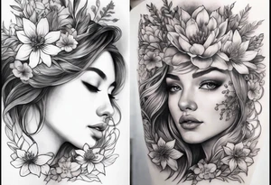 Full sleeve with larkspur and water Lilly, chrysanthemum and peony, Iris and violet, hawthorn and lily of the valley. Add a juniper tree and palm tree female tattoo tattoo idea