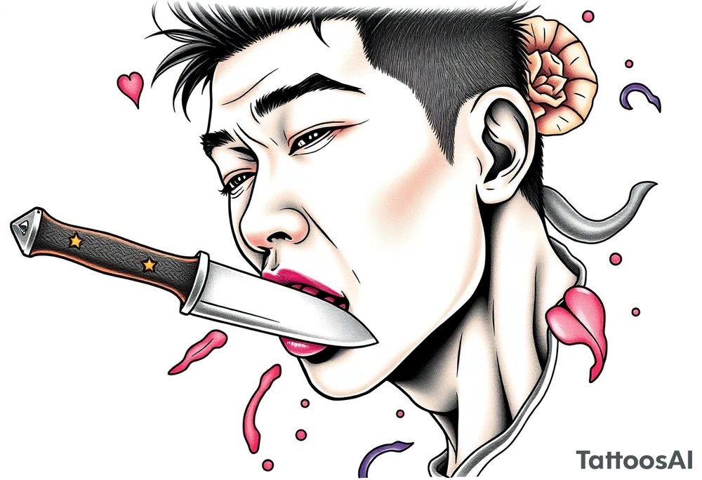 Handsome Asian young guy is licking a ritual knife tattoo idea