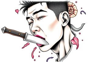 Handsome Asian young guy is licking a ritual knife tattoo idea