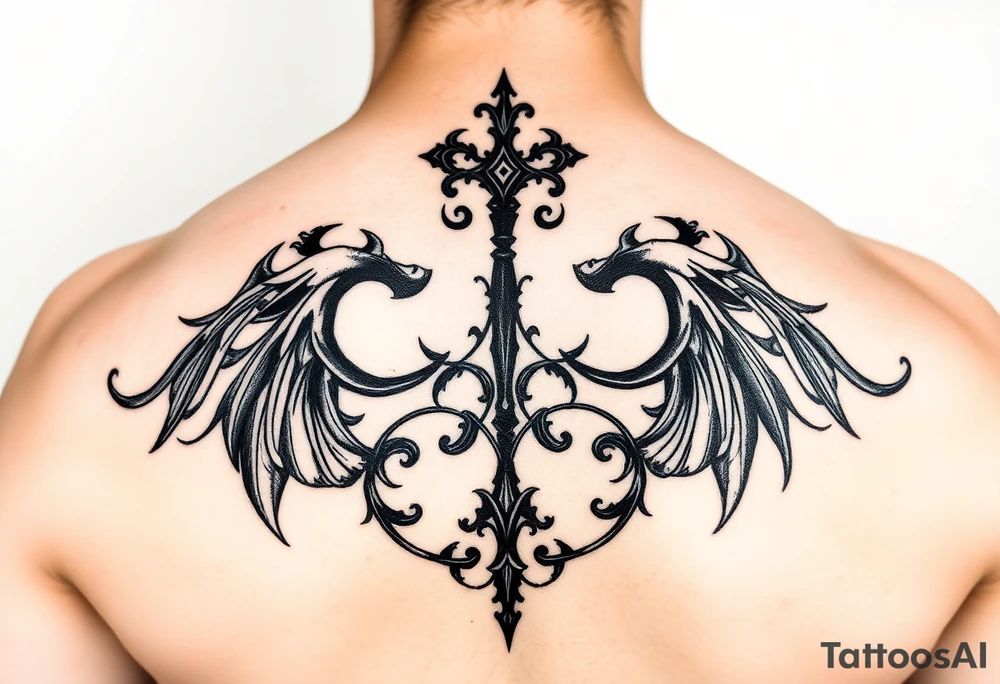 Gothic french on a woman’s back tattoo idea