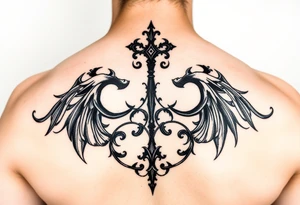 Gothic french on a woman’s back tattoo idea