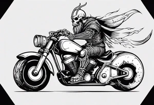 Skeleton with a viking helmet riding motorcycle tattoo idea