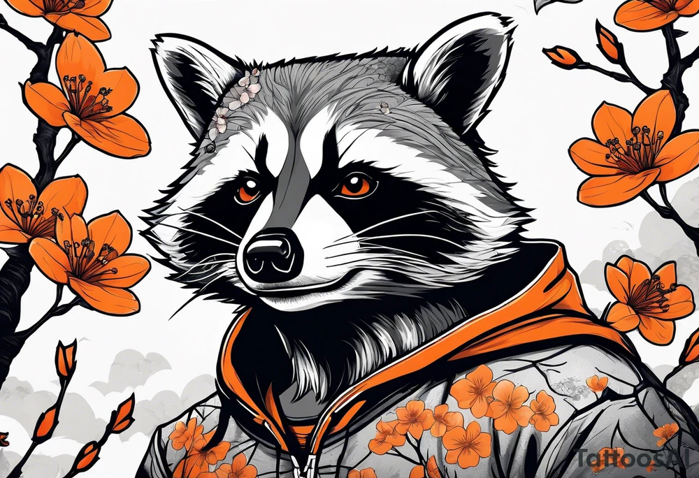raccoon wearing a black and white Superman hoodie and orange Japanese cherry blossoms tattoo idea