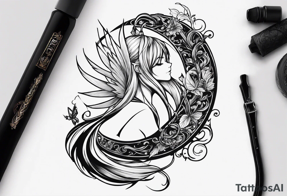 A fairy with a tail inspired by the logo of the show called Fairy Tail in a fetal position tattoo idea