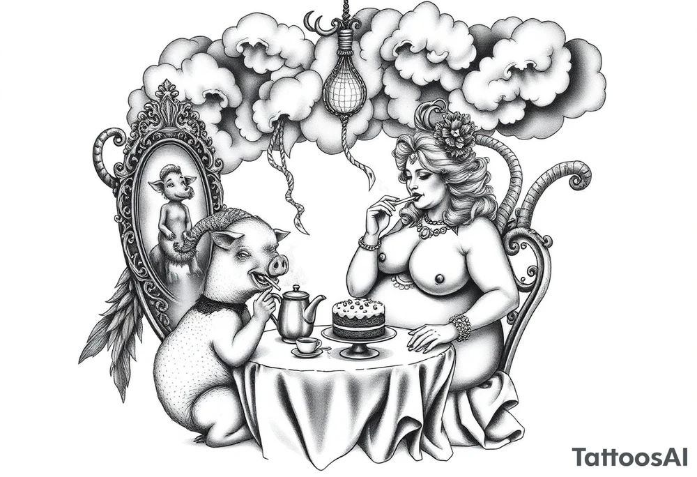 Storm clouds gothic sexy naked fat lady having a tea party with tea pots and 
with a pig, peacock, noose, lion, goat, smoking cigerettes looking in the mirror having sex with a man eating a cake thru storm clouds with razor blades and broken hearts and darkness and wrath, envy , gluttony, greed, sloth, pride kill tattoo idea