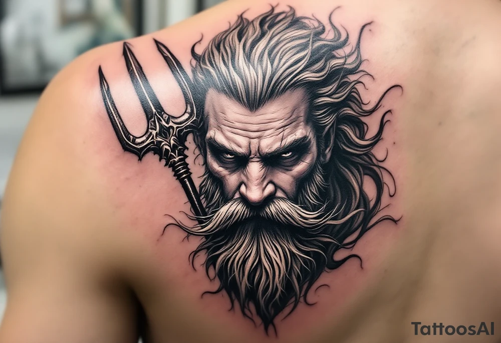 close-up gentle poseidon behind a trident tattoo idea