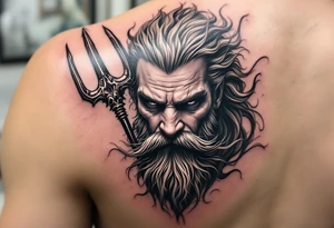 close-up gentle poseidon behind a trident tattoo idea