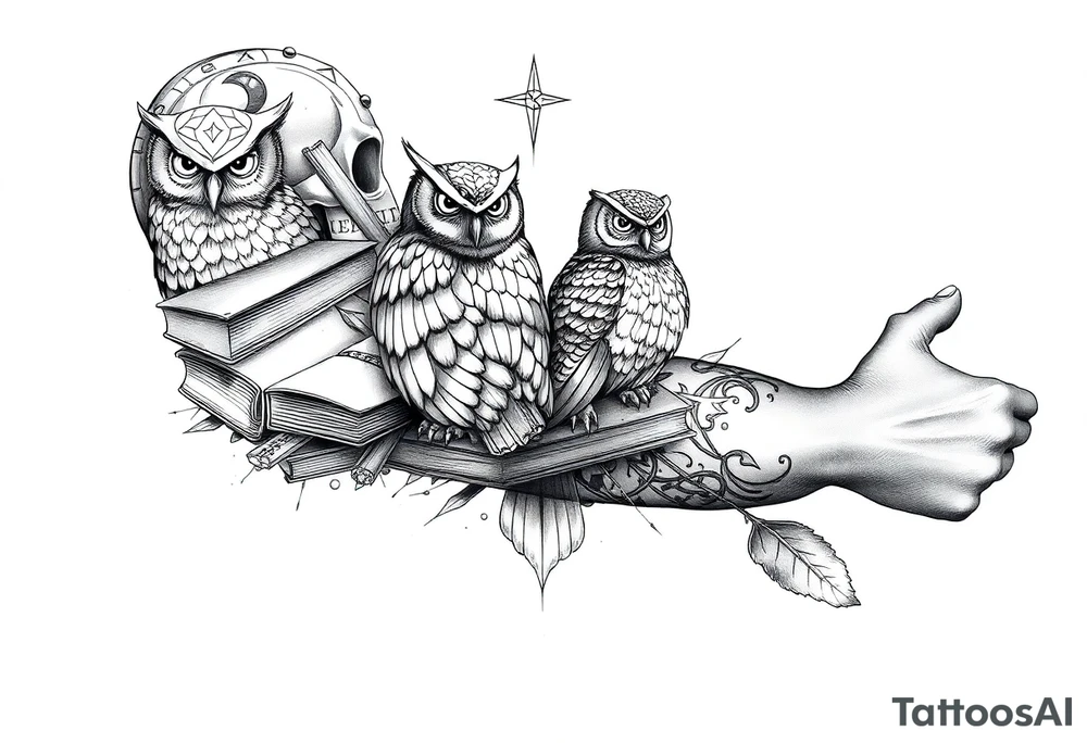 A combination of the ancient symbols of wisdom with books mixed in and owls tattoo idea