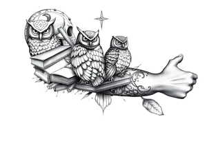 A combination of the ancient symbols of wisdom with books mixed in and owls tattoo idea