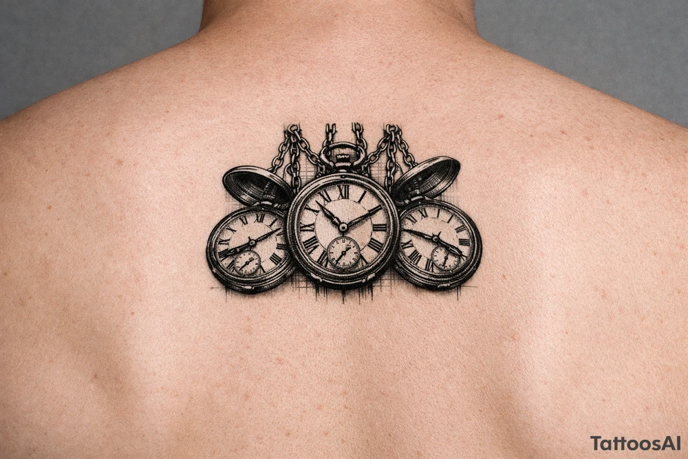 Cluster of three open pocket watches, suspended on chains. show on upper arm tattoo idea