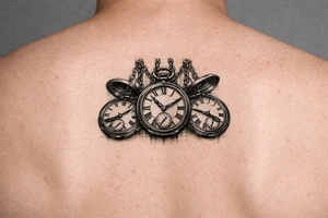 Cluster of three open pocket watches, suspended on chains.  show on upper arm tattoo idea