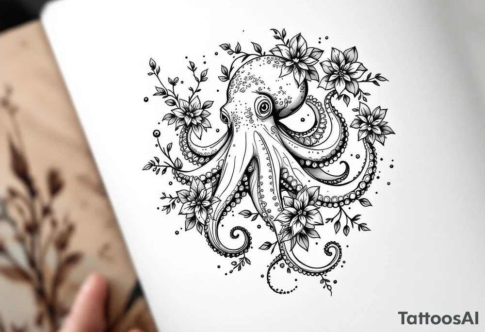realistic octopus, detailed linework, intricate, black-and-grey shading, elegant floral vine, intertwining tentacles, thin black swirling lines, semi-transparent brown leaves, delicate mandala flower, dotwork, ornamental flourishes, radiating design, fine-line style, minimalistic, organic flow, feminine, artistic, slightly surreal, seamless composition, marine botanical fusion, lifelike texture, graceful rhythm, natural growth integration, body-following design, smooth shading, soft leaves wrapping, blooming shoulder flower, outward radiating pattern, vine tentacle flow, integrated sea creature, botanical octopus curved body placement, natural organic movement tattoo idea