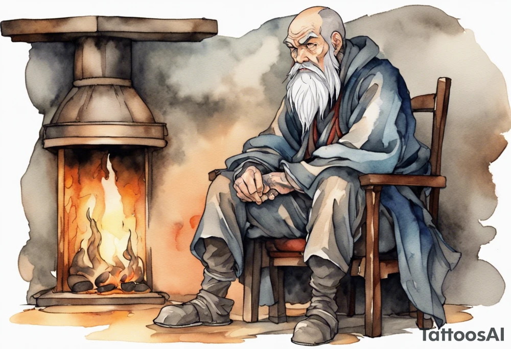 a Medieval man with a grey beard scowling sitting by the hearth tattoo idea